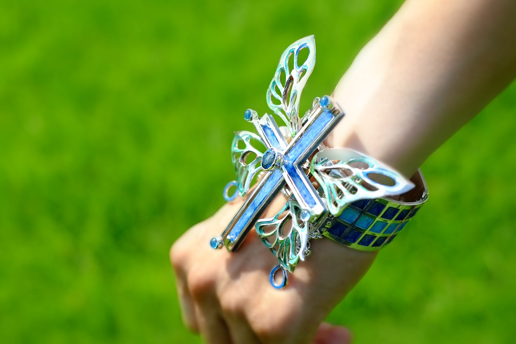 Bracelet/silver/Blue Cross-Butterfly（青い十字蝶）