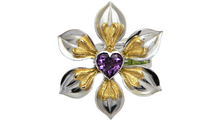 Pendant-top and Ring/silver/A purple heart flower